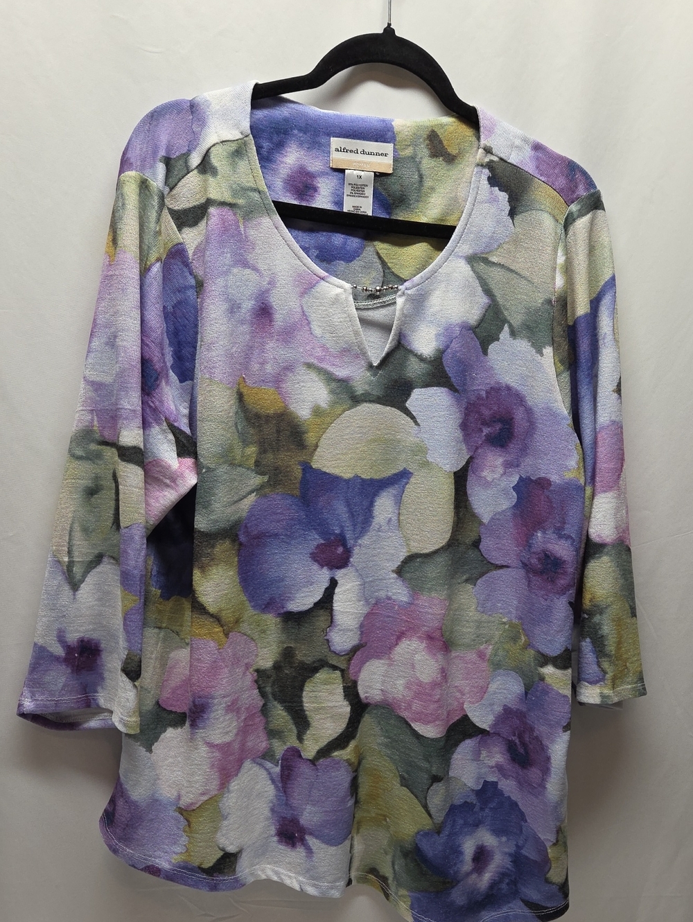 Alfred Dunner Purple Floral Scoop Neck Long Sleeve Top Vacation Resortwear Flora